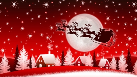 Night Before Christmas - houses, trees, santa claus, village, christmas eve, reindeer, full moon, red, snow