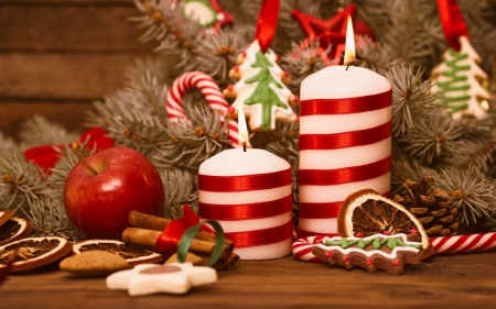 Christmas Treats - treats, christmas, pine tree, apples, candles