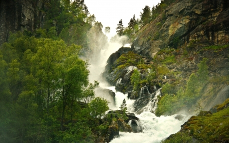 high mountain waterfall - waterfall, tree, mountain, grass