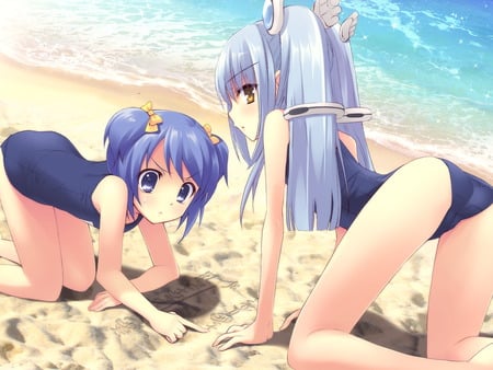 Playing in the Sand - swimsuit, anime girl, summer, beach, ocean, sand