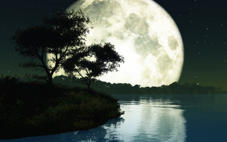 Big moon on lake - 3d, lakes