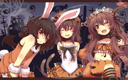 3 girls animal ears chen halloween ibuki suika inaba tewi nejime tail touhou wings - 3, girls animal ears chen halloween ibuki suika inaba tewi nejime t