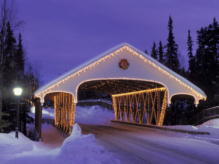 Christmas Bridge - season, covered bridge, winter, night, christmas, snow, beautiful, splendor, color, bridge, lights