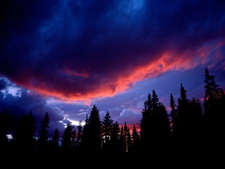 MOUNT EVANS - clouds, skies, trees, blue, red, colourful, mountain, dark