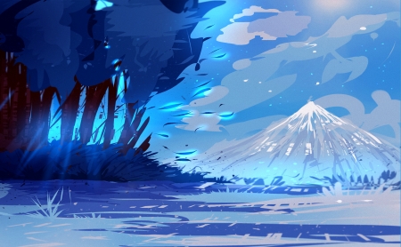 Blue - digital, art, white, fantasy, ryky, tree, mountain, luminos, painting, snow