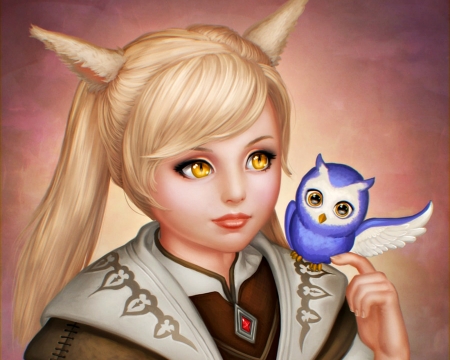 Nini - bird, yellow eyes, blue, junejenssen, girl, blonde, pink, owl, fantasy, nini, cute