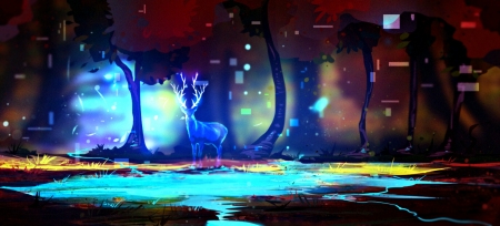 The Ghost - red, forest, digital, the ghost, deer, blue, art, fantasy, woods, tree, luminos, autumn