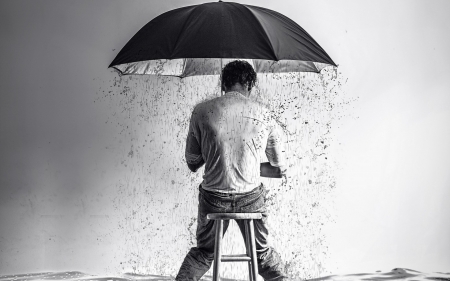 Sadness - sad, rain, bw, black, fantasy, creative, white, situation, umbrella, man, mood