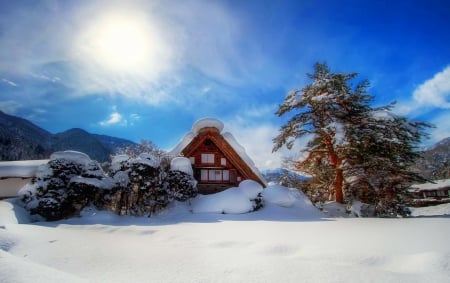 Winter landscape - sky, trees, landscape, sun, winter, chalet, beautiful, frost, snow, rest