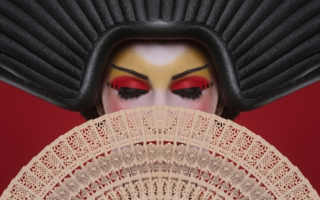 Geisha - yellow, geisha, girl, eyes, fan, black, make-up, white, red, woman, model, face