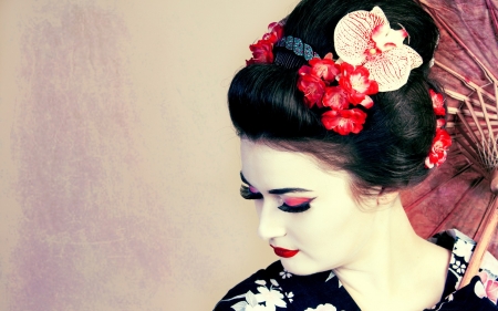 Geisha - woman, geisha, girl, pink, red, asian, black, model