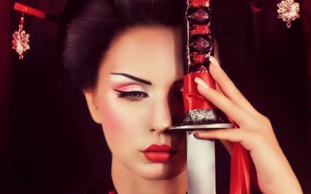 Geisha - red, sword, make-up, model, katana, girl, geisha, lips, hand, woman