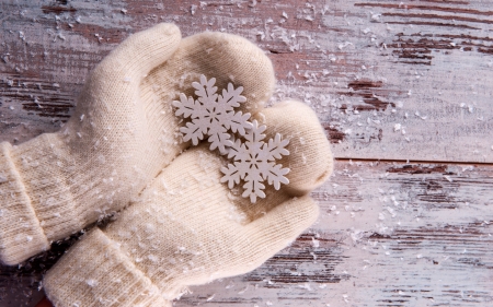 For You! - white, winter, hand, snowflake, wood, card, gloves