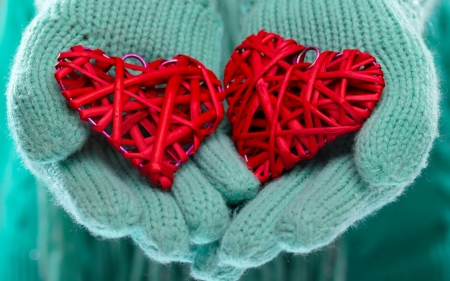 For you! - winter, heart, blue, spring, hand, red, green, valentine, gloves