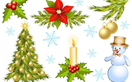 Merry Christmas! - poinsettia, red, snowflake, candles, craciun, snowman, vector, white, tree, green