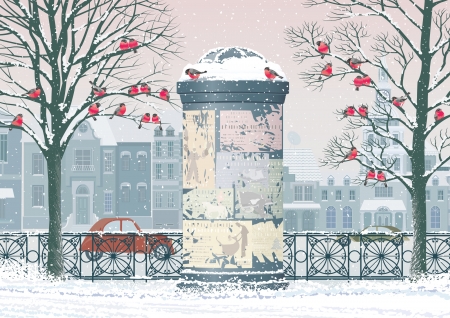 Winter - red, winter, bird, craciun, christmas, blue, art, white, card, fantasy, car, vintage