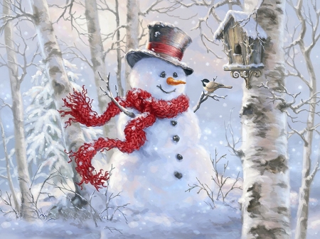 White winter - hat, snowman, beautiful, forest, lovely, birdhouse, christmas, colorful, nature, red, color, peaceful