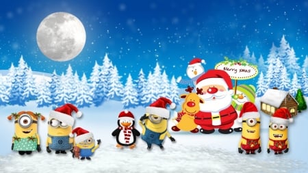 Christmas Miniions Theme - minions, trees, full moon, santa claus, penguin, winter, christmas, despicable me