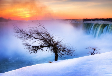 Waterfall - Sunset, Landscape, Tree, Waterfall