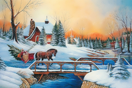 Holiday outing - sleigh, house, trees, winter, beautiful, outing, forest, walk, horse, village, christmas, river, countryside, holiday, art, bridge