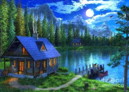 Waiting For Master  - attractions in dreams, fishing, sky, cabins, moons, lakes, love four seasons, tree, moonlight, paintings