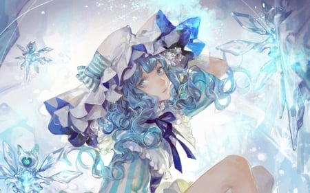 Anime girl - hat, anime, winter, blue, girl, manga, snowflake, purple, luminos