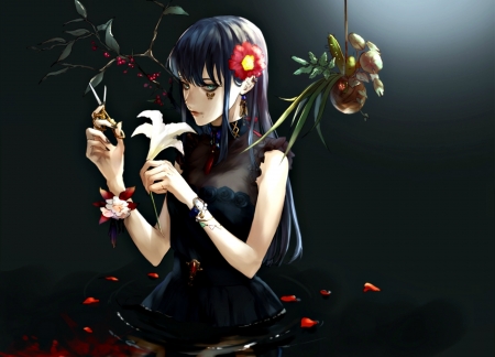 Lily - anime, water, girl, pixiv, flower, lily, black, white, red