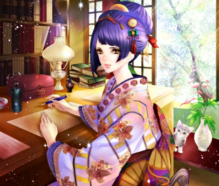 Geisha - pixiv, girl, asian, purple, geisha, last chronicle, anime, kimono, manga