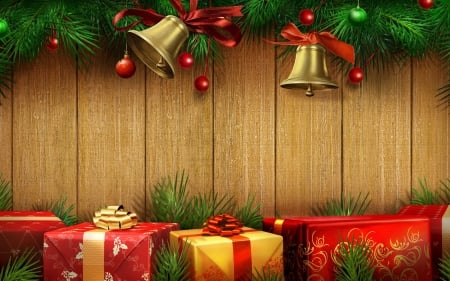 Merry Christmas! - wood, bell, christmas, craciun, red, green, box, gift, card