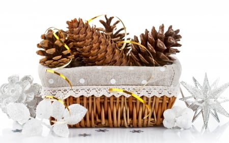 HaPPY hOLIDAYS! - christmas, basket, white, craciun, deco, figurine, pine cones