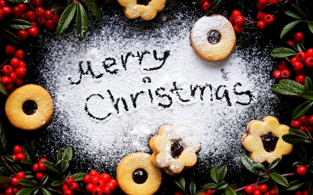 Merry Christmas! - mistletoe, berry, christmas, white, craciun, red, green, cookies, card