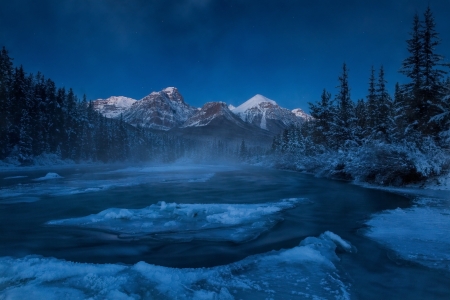 Winter Night in Canadian Rockies, Alberta - canada, landscape, snow, lake, mountains