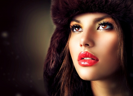 Beauty - hat, winter, brown, girl, fur, lips, red, woman, model, anna subbotina