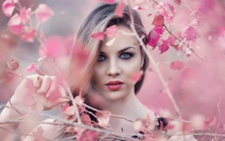 Pink autumn - alessandro di cicco, woman, autumn, model, girl, blonde, leaf, pink