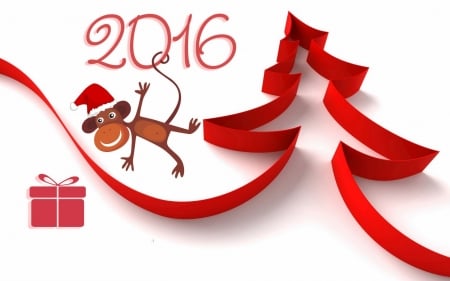 Happy New Year! - red, zodiac, craciun, christmas, santa hat, white, monkey, chinese, gift, tree, 2016, new year