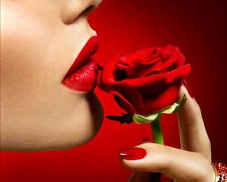 Red - lips, hand, woman, red, ring, rose, face, lipstick