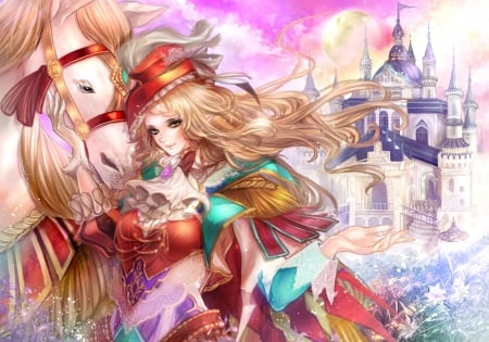 Princess - pixiv, elf, girl, magic, princes, fantasy, last chronicle, horse, castle, red, blue, anime, green, manga