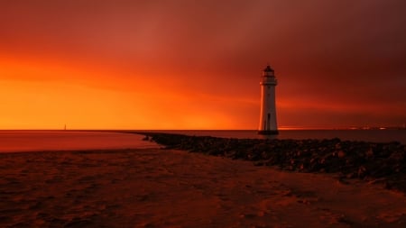 Beach Sunset - beach, lighthouse, sea, rocks