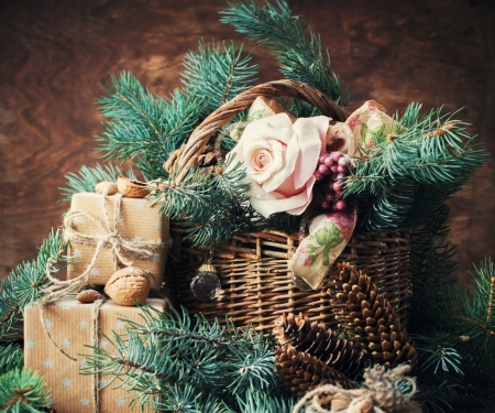 Christmas Wicker basket - rose, gifts, wicker, basket, holidays, nuts, branches, christmas