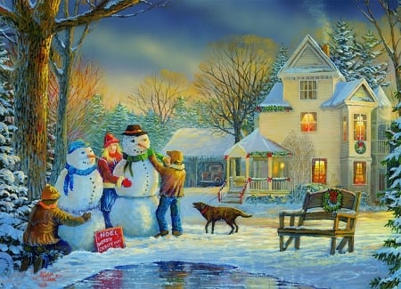 Making snowman - house, fun, snowman, kids, winter, beautiful, children, joy, village, christmas, countryside, frost, peaceful