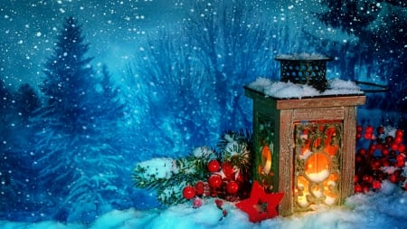 Christmas lantern - trees, winter, decoration, snowflakes, beautiful, snow, light, lantern, christmas, holiday, frost, snowfall