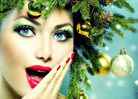 Christmas beauty - surprise, ball, red, model, craciun, girl, christmas, blue, anna subbotina, golden, lips, hand, blue eyes, woman, new year, green