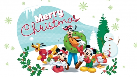 Merry Christmas! - fantasy, white, pluto, green, cute, snowman, donald, craciun, minnie, winter, mickey, christmas, goofy, red, blue, card, disney, mouse