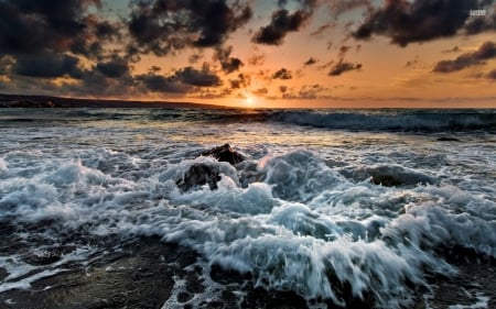 Rocky Beach at Sunset - clouds, rocky, beach, sunset, nature, waves