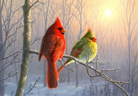 Winter Glow - birds, winter, paintings, snow, holidays, xmas and new year, cardinals, love four seasons, animals