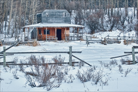 Prairie Winter - trees, cabin, fence, snow