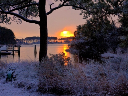 Winter Sunset - trees, winter, sunset, nature, creek, snow, lake