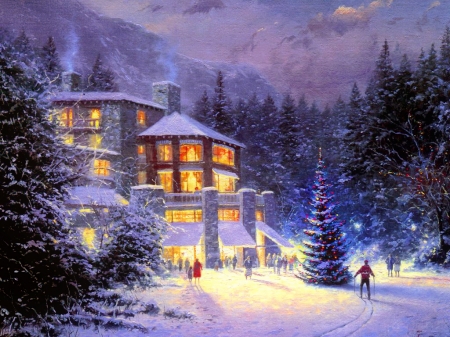 Winter evening - snowman, snowfall, peaceful, winter, snowflakes, village, art, evening, snow, beautiful, house, tree, decoration