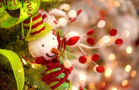 Christmas decoration - pretty, snowman, winter, decoration, beautiful, tree, christmas, holiday, lights, cute, smiling