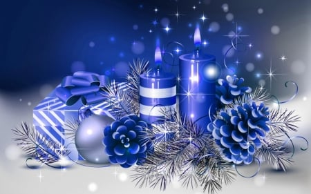 Happy New Year! - blue, candle, christmas, craciun, new year, silver, gift, pine cone, card